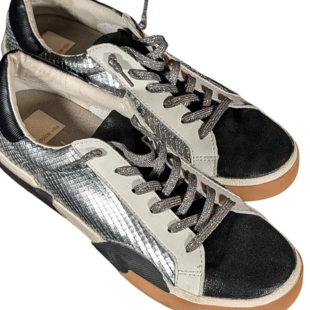 Dolce Vita Metallic Silver Black Leather Sneakers Gum Sole Women's 10